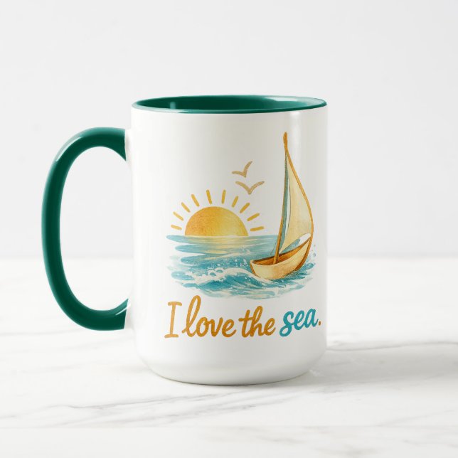 Caneca I Love the Sea Sailboat Sunset Ocean Illustration  (Esquerda)
