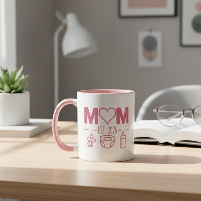 Caneca Ícones de Bebê Ano de Nascimento Mamãe Rosa Design (Criador carregado)