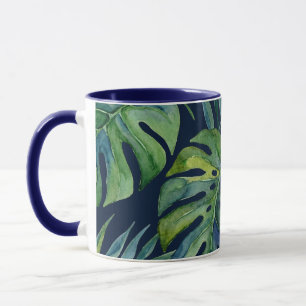 Caneca Ilha Moku Aquarela Havaiana Monstera- Azul-marinho