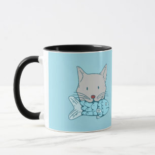 Caneca Illustration of a cat eating fish.