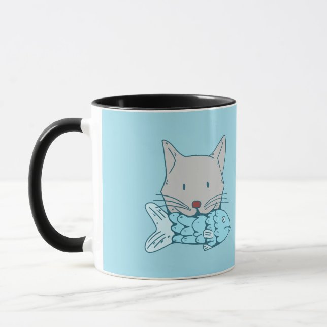 Caneca Illustration of a cat eating fish.  (Esquerda)