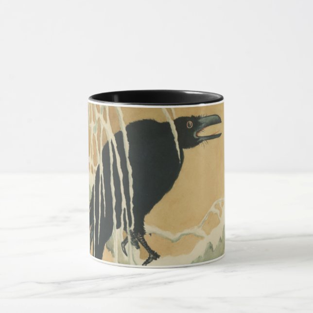 Caneca Ilustração da safra da árvore de aves pretas da ra (Centro)