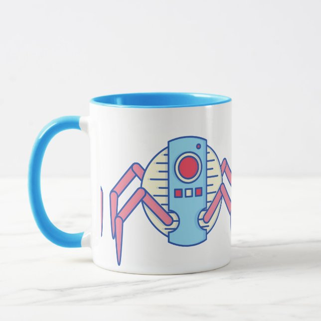 Caneca Ilustração de Anel de Aranha-Robô Azul Retro (Esquerda)