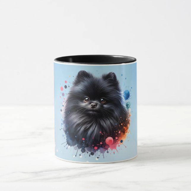 Caneca Ilustração de aquarela pomeraniana preta (Centro)