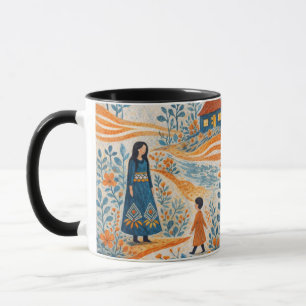 Caneca Ilustração de Arte Folclórica Caprichosa de Mãe e 