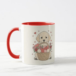 Caneca Ilustração de cachorrinho fofo com coração e cesto