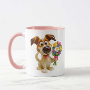 Caneca Ilustração de Cachorrinho Fofo Com Flores