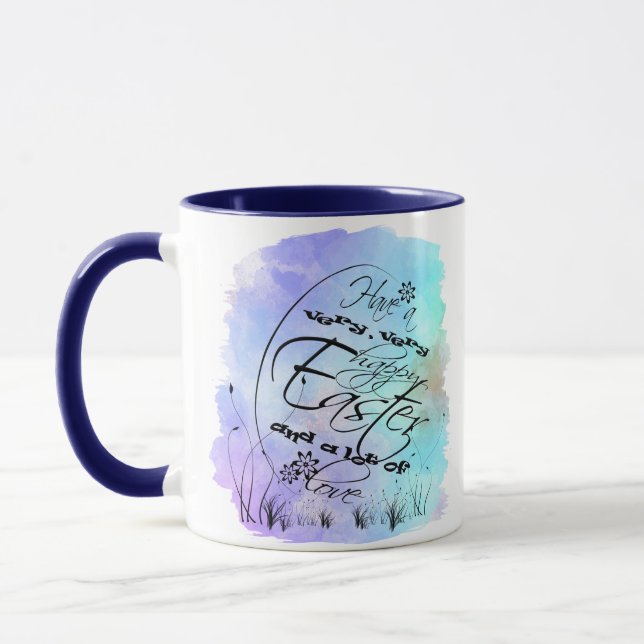 Caneca Ilustração de Caligrafia Roxa felz pascoa Azul (Esquerda)