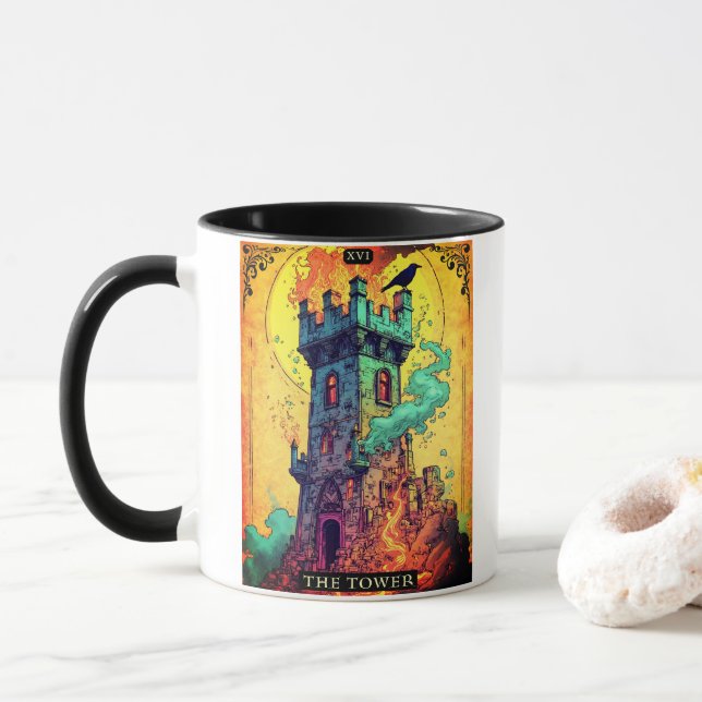 Caneca Ilustração de Carta de Tarot, A Torre (Com Donut)
