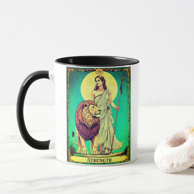 Caneca Ilustração de Carta de Tarot, Força (Com Donut)