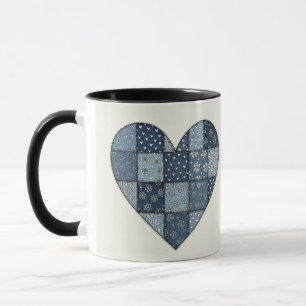 Caneca Ilustração de Coração de Remendo de Denim Azul Rús