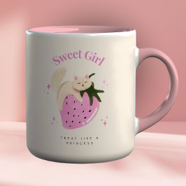 Caneca Ilustração de Gato de Morango Rosa-Cor-de-Água