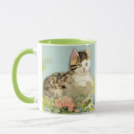 Caneca Ilustração de Gato Vintage com Flores Rosa