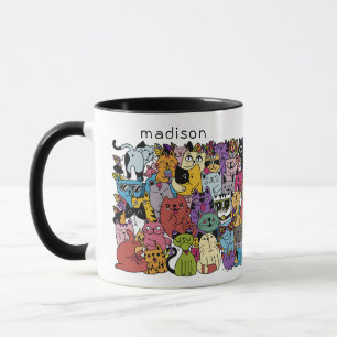 Caneca Ilustração de Gatos Engraçados com Nome Personaliz