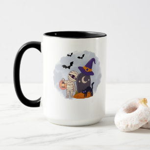 Caneca Ilustração de Múmia e Gata Preta Bruxa de Hallowee