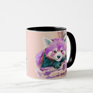 Caneca Ilustração de Panda Vermelho em Aquarela Roxa com