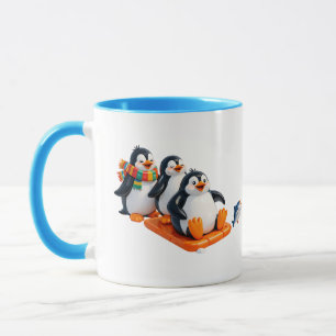 Caneca Ilustração de Pinguins Fofos em um Trenó