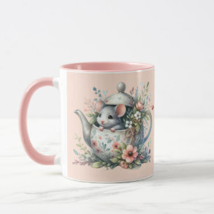 Caneca Ilustração de Rato Fofo em Bule de Chá Floral
