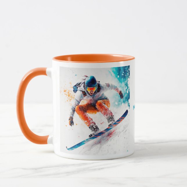 Caneca Ilustração de Snowboarder de Nome Personalizado (Esquerda)