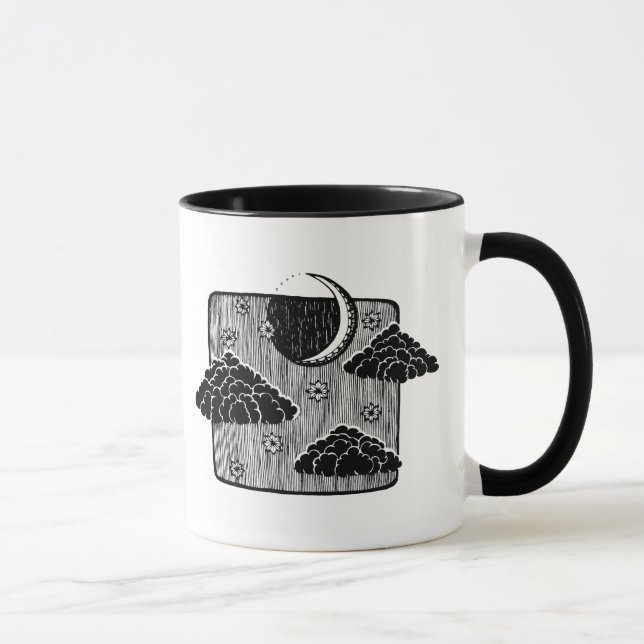 Caneca Ilustração Desenhada à Mão do Céu Noturno com Lua  (Direita)