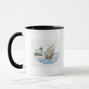 Caneca Ilustração do navio do século XVI perto da ilha