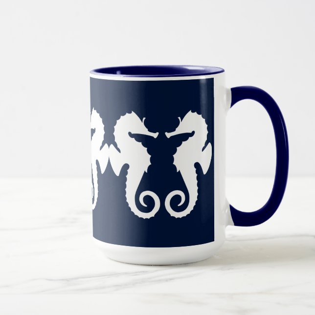 Caneca Ilustração dos Cavalos do Mar Náutico Branco (Direita)