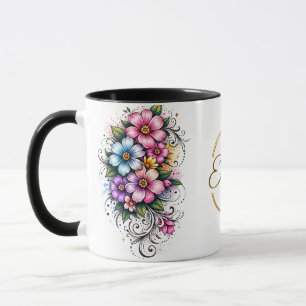 Caneca Ilustração Elegante de Buquê de Flores Verticais