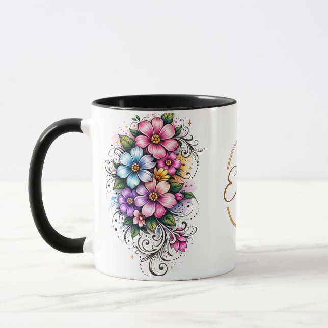 Caneca Ilustração Elegante de Buquê de Flores Verticais (Esquerda)