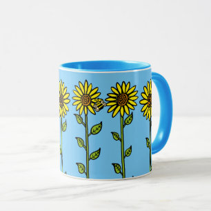 Caneca Ilustração Gira, Girassóis e Bumblebee