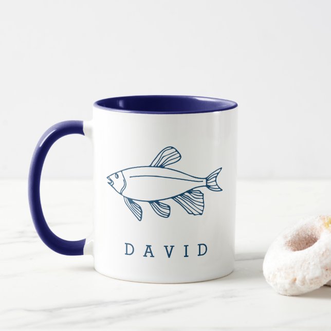 Caneca Ilustração Mínima de Peixe Azul - Náutica Personal (Com Donut)