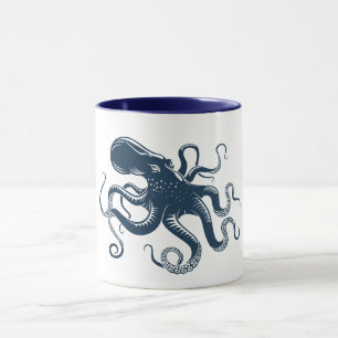Caneca ilustração náutica do polvo azul marinho