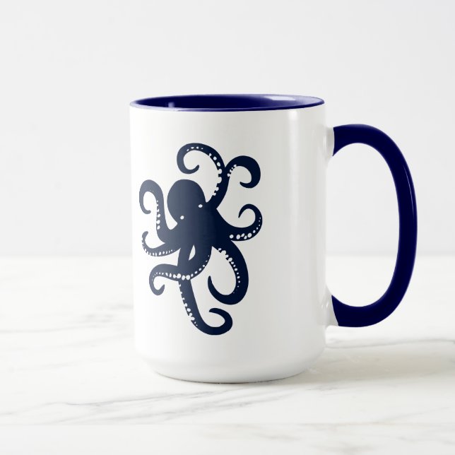 Caneca Ilustração Simples de Octopus Azul (Direita)