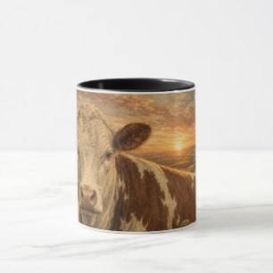 Caneca Ilustração Vintage de Vaca das Terras Altas ao Pôr