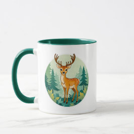 Caneca Image d'un cerf parmi les sapins.