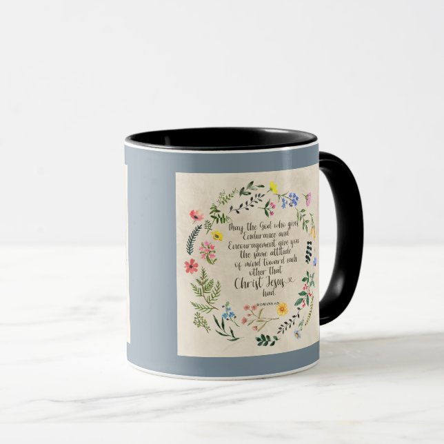 Caneca Imagem do versículo da Bíblia de Romanos 15:5 (Frente Esquerda)