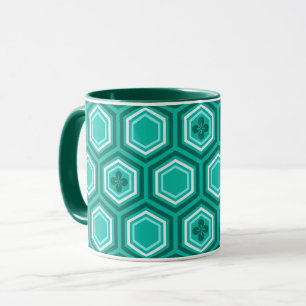 Caneca Impressão, cerceta, Aqua e branco sextavados do