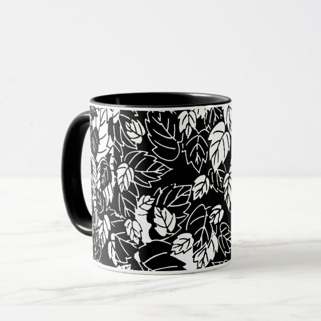 Caneca Impressão de folha japonesa, preto e branco (Frente Esquerda)