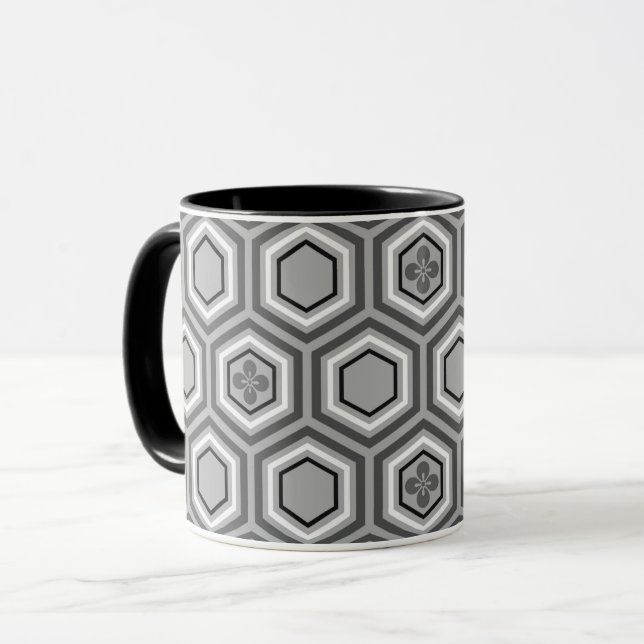 Caneca Impressão Hexagonal Kimono, Cinza/Cinza e branco (Frente Esquerda)