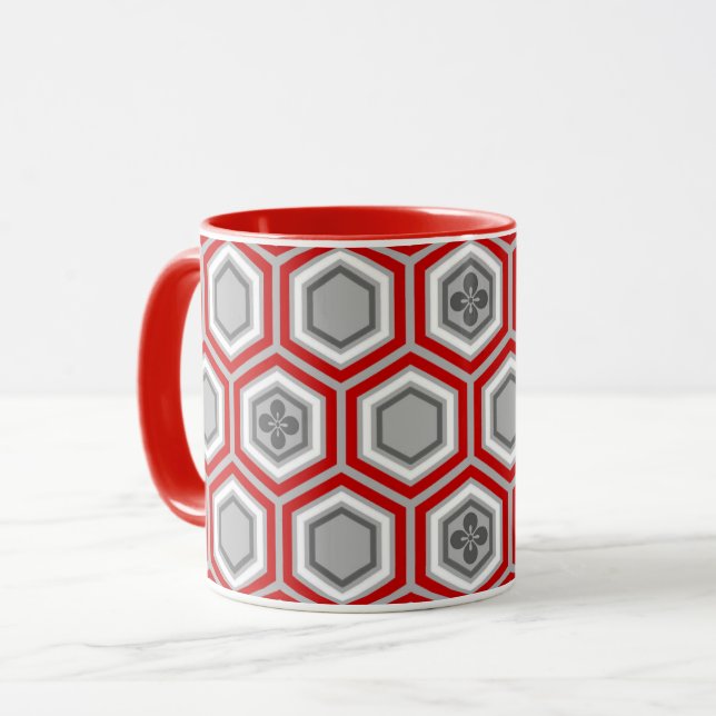 Caneca Impressão Hexagonal Kimono, Vermelho e Cinzas/Cinz (Frente Esquerda)