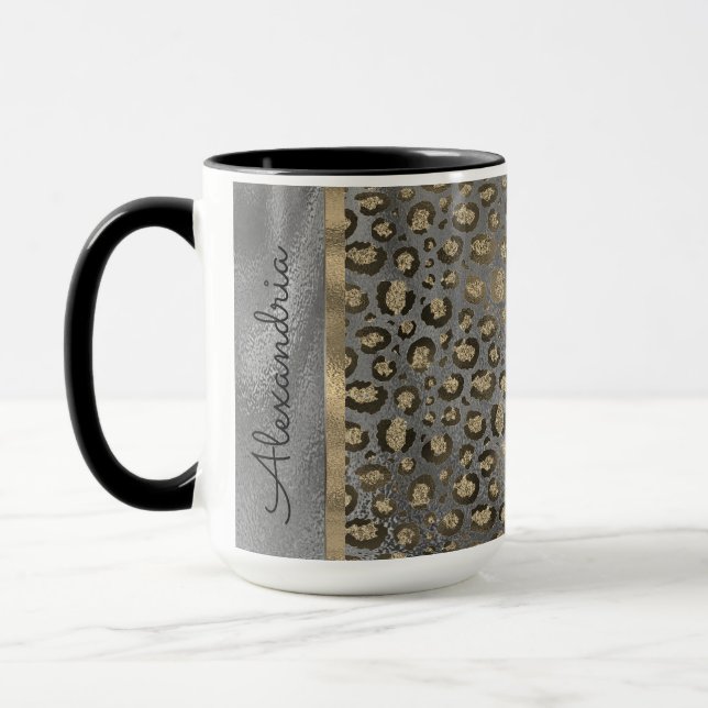 Caneca Impressão Leopardo Glitter Dourada em Cinzas Perso (Esquerda)