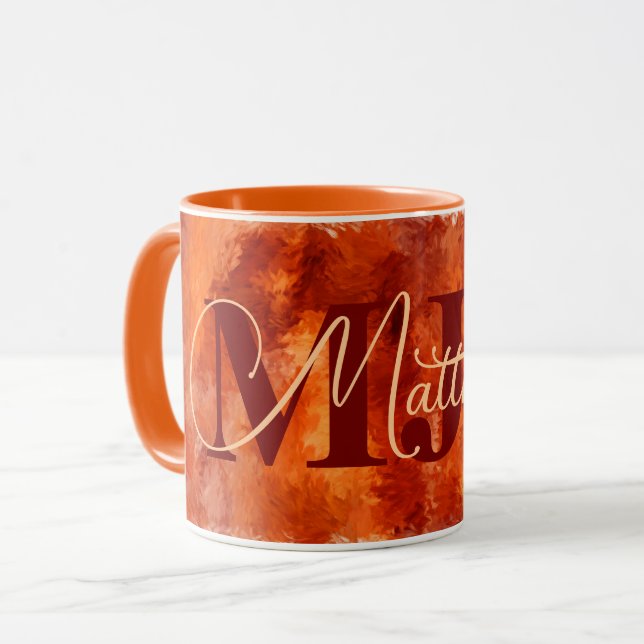 Caneca Impressões de cor laranja de fogo com nome e monog (Frente Esquerda)