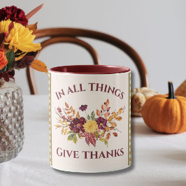 Caneca In All Things Give Thanks Burgundy Gold Damask