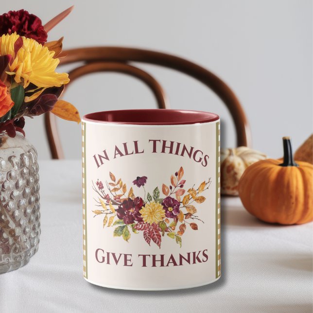 Caneca In All Things Give Thanks Burgundy Gold Damask (Criador carregado)