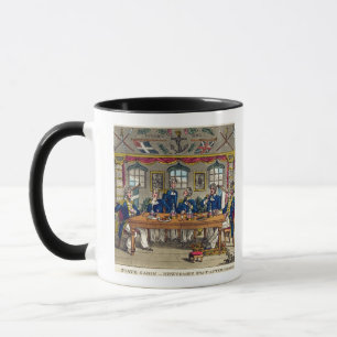 Caneca Indique a cabine, a saída de Newcome após o