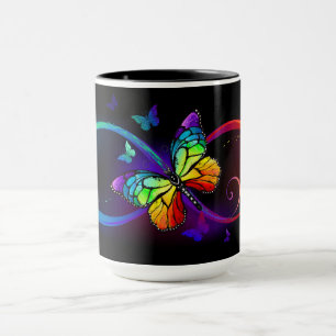 Caneca Infinidade vibrante com borboleta arco-íris a pret