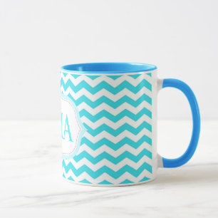 Caneca iniciais de monograma de listras de chevron azul a