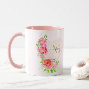 Caneca Inicial de Monograma Floral de Rosa em Aquarela Ro