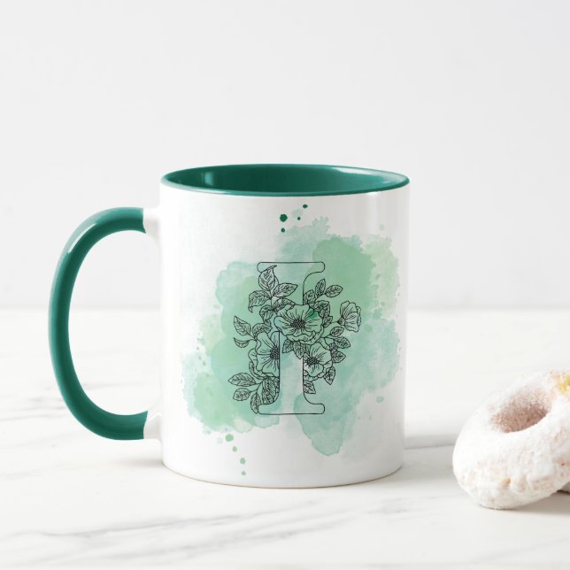 Caneca Inicial I Monograma por Aquarela Botânica Verde (Com Donut)