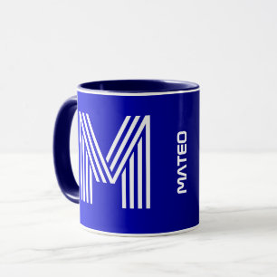 Caneca Inicial Moderna & Nome   Monograma Azul Único Pret