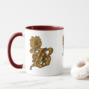 Caneca Inicial Monograma B Elegante Peônia Dourada Person